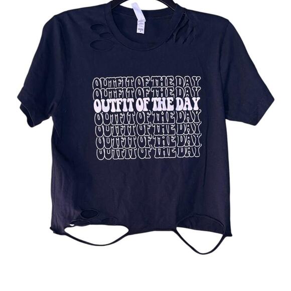 Black Distressed Cut-Out Grunge T'shirt with Saying Outfit of the Day Front - Picture 1 of 6